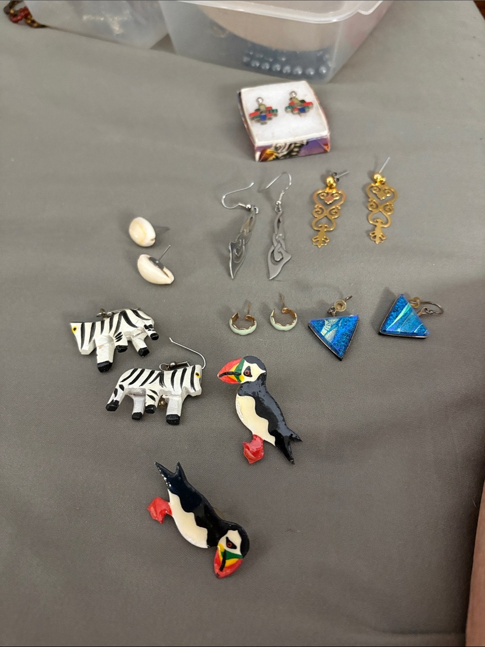 Assorted Animal & Geometric Earrings - Colorful Puffin, Zebra, Blue Triangle